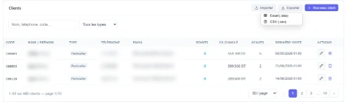 Liste des clients, avec le menu d'export Excel ou CSV ouvert.